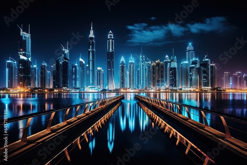 Skyline von Dubai am Abend mit Wasser-Spieglung