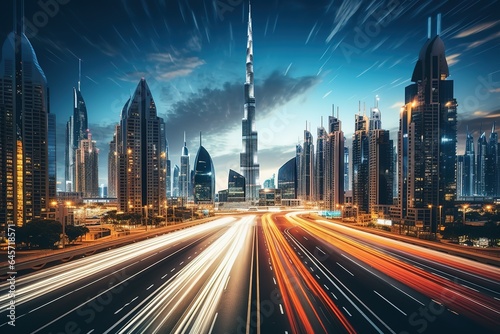 Panorama showing aerial view of tallest towers in Dubai Downtown skyline and highway night timelapse.