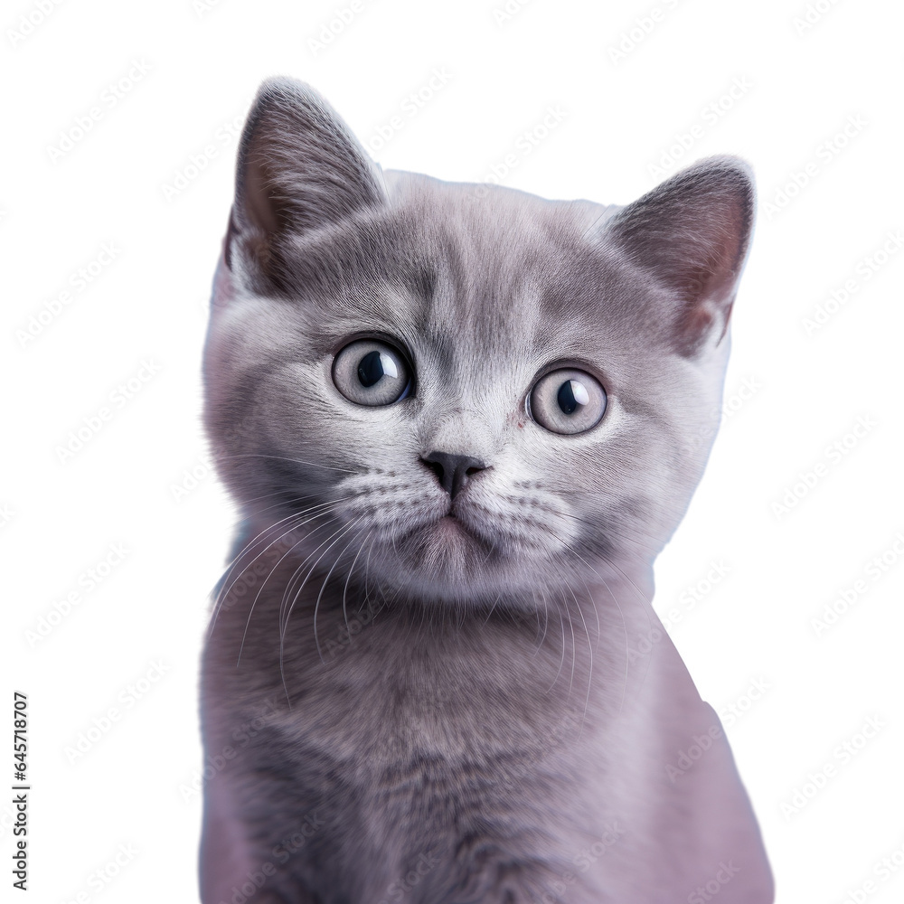 Selective focus on adorable blue British shorthair kitten in portrait transparent background