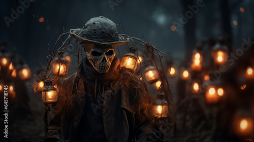 Día de Muertos. A creepy skeleton monster. Standing in front of lanterns. Horror. Halloween concept. Creepy. Scary. Ominous. Shallow depth of field. Sinister. Gothic.