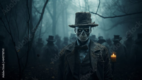 A creepy skeleton. In a misty forest. Haunted. Monster. in a hat. Ghosts in the background. Ominous. Halloween concept. Horror. Day of the dead. Día de Muertos. 