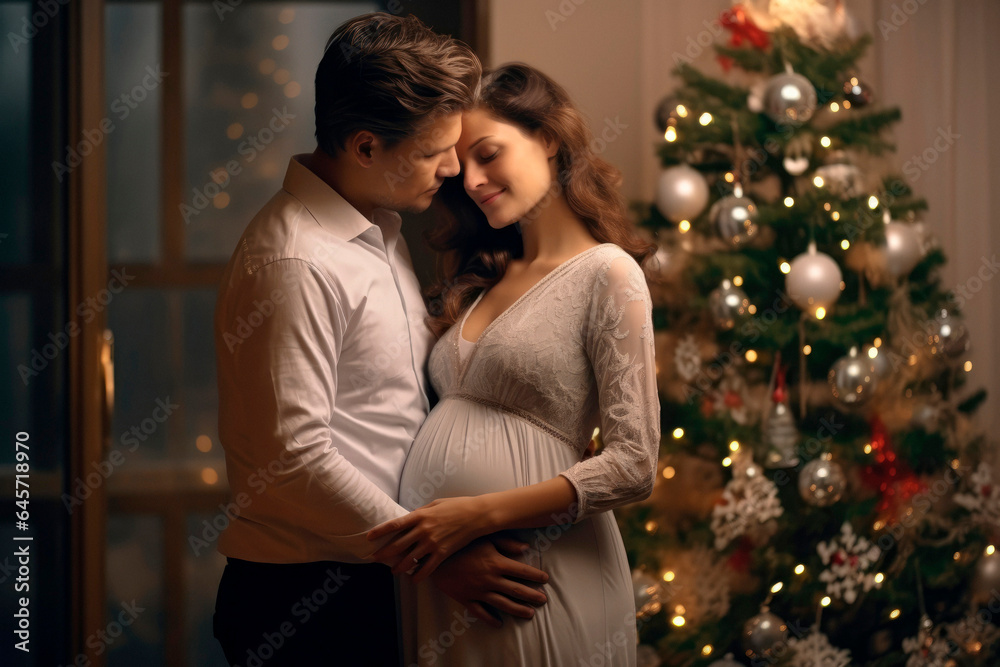 Christmas Expectations: A Couple Anticipating Parenthood, Posing with a Christmas Tree in the Background as They Await the Arrival of Their Baby.

