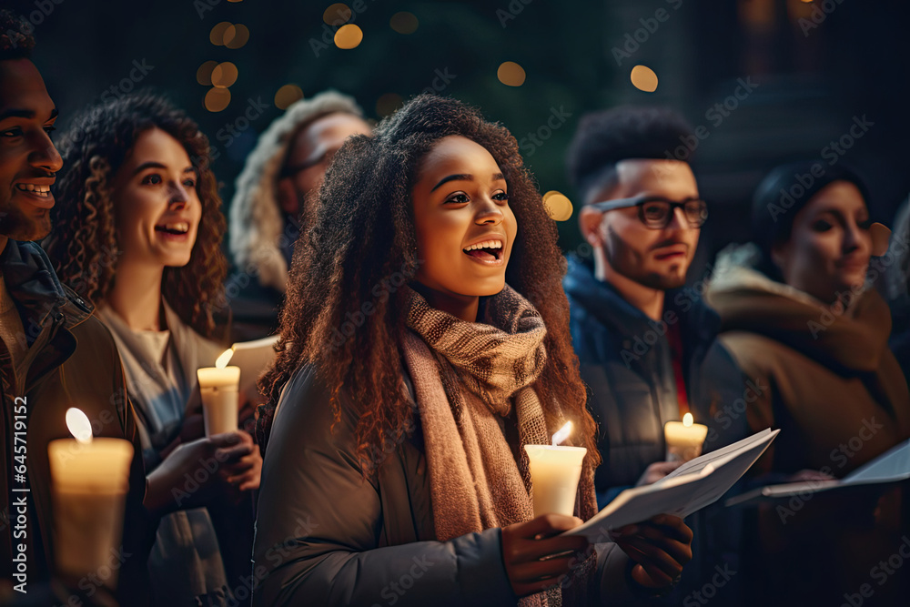Group of diverse mens and women singing Christmas carols outside in the evening with candles.