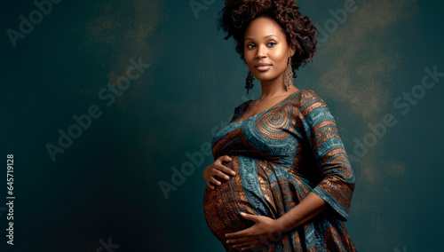 Colorful Maternity: A Black Pregnant Woman Embracing Her Pregnancy in a Vibrant Dress Against a Blue Setting.