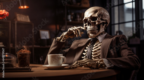 Skeleton sitting in a cafe. Drinking coffee. Long waiting time. Bad customer service. Advertising photo. Funny photo for halloween. Halloween concept. Bones. Skeleton in a suit. Advertising. Marketing