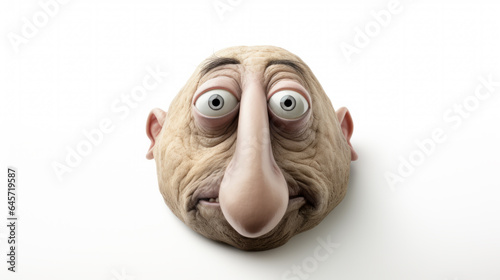 A freakish looking man with a big nose. Monster. Bulbous eyes. Bug eyes. Bald. Isolated on a white background. Round head. Caricature. Funny.