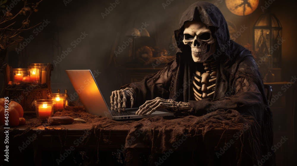 A skeleton. Underground. Wearing a black hood. Halloween concept. Using a computer. Halloween working from home. Corporate halloween. Creepy. Funny. Macabre.