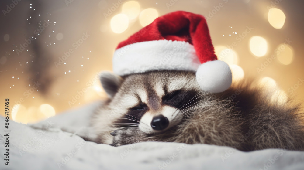 Cute raccoon in santa hat sleeping on white sheet, Christmas blurred background