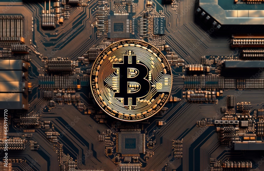 crypto currency bitcoin on a circuit board,