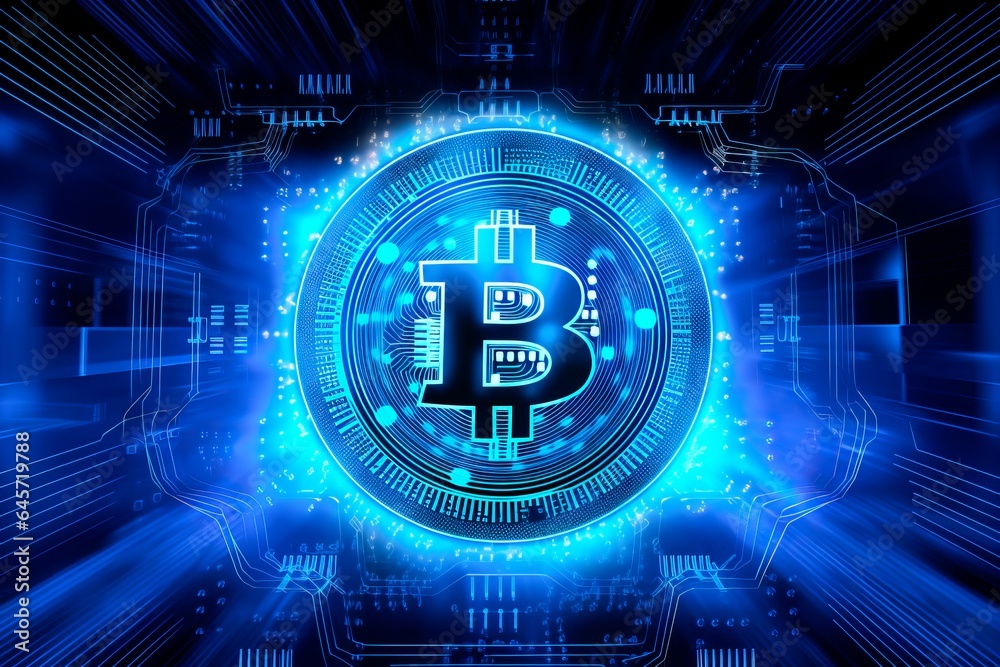 a blue, multidimensional digital bitcoin design with blue lines background 