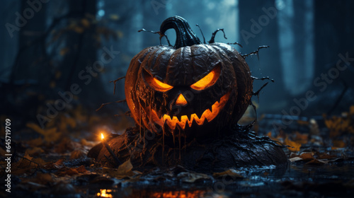 A scary jack o lantern. Evil pumpkin. Scary face expression. Sinister. Nightmarish. Creepy. Halloween night. Haunted forest. Misty. Volumetric light. Shallow depth of field. Possessed.