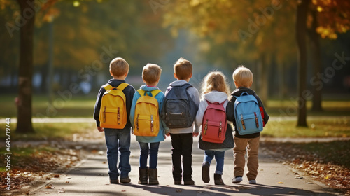Group of children with backpacks go to school