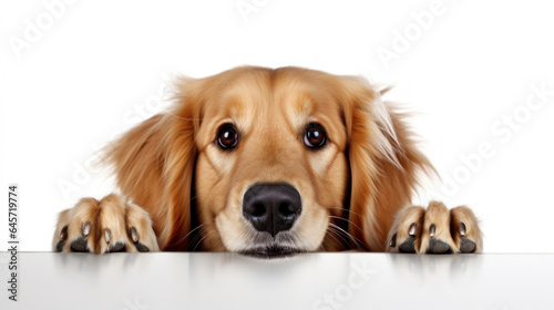 Dog in peeking out from behind a white table with copy space  isolated on white background.