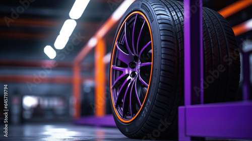 A new tire is placed on the tire storage rack in the car workshop. Purple, orange neon colors. © tashechka