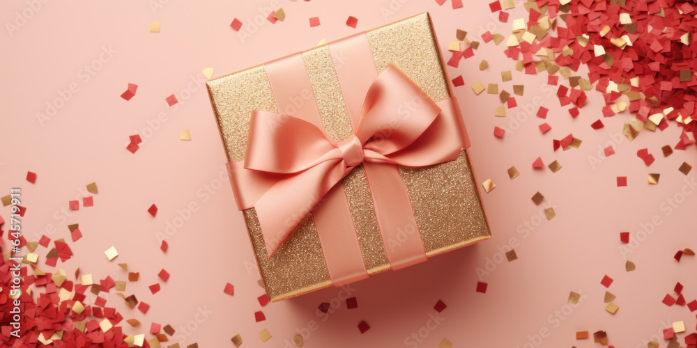 Pale red Gift box with a bow of golden ribbons close-up top view on pale beige background, many golden confetti Pale red Gift box with a bow of golden ribbons close-up top view on pale beige background, many golden confetti