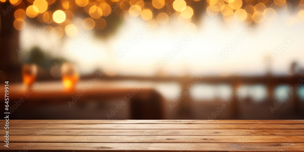 Wooden table and lights on the beach Wooden table and lights on the beach