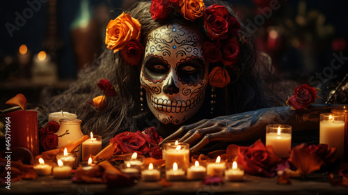 Día de Muertos. A woman with a painted skeleton face. La Calavera. Horror. Halloween. Creepy. Scary. Ominous. Shallow depth of field. Looking at the camera. Wearing a hat. Sugar skull.