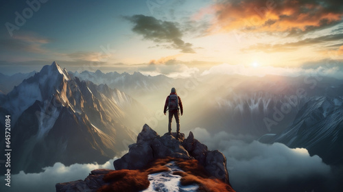 hiker standing on a mountain peak, overlooking a breathtaking landscape generative AI © ENF