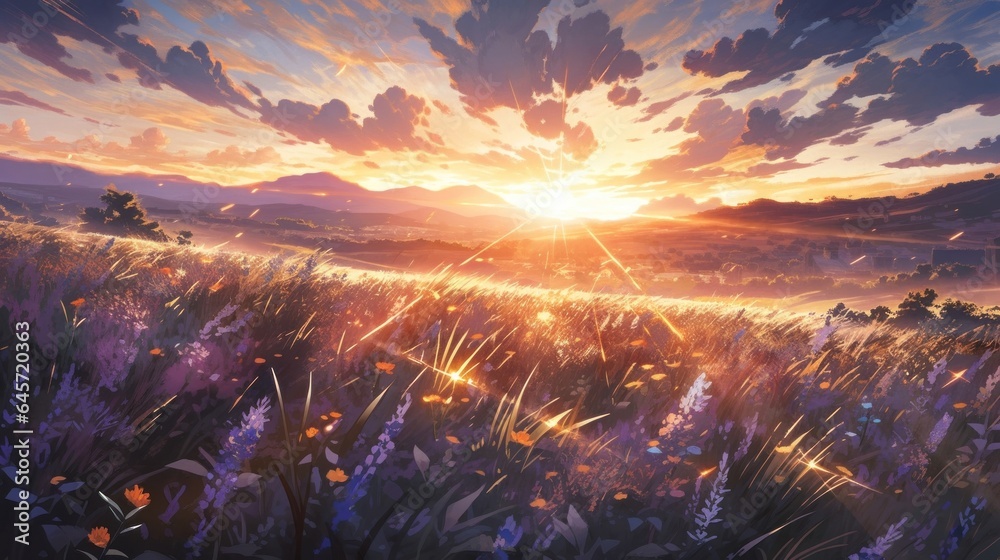A breathtaking sunset over a serene field of lavender, with a warm orange and purple sky manga cartoon style