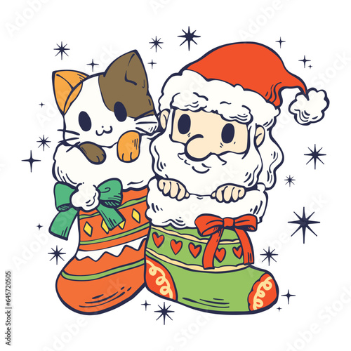 Cartoon illustration of Santa Claus and the little cat are on of a big sock. These cute cartoon file are perfect for T-shirts, phone cases, bags, mugs, stickers, tumblers.