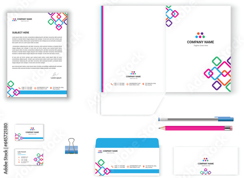 stationery set for business office vector design with letterhead, envelope, presentation folder, business card geometrical design stationary set