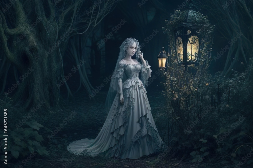 Abandoned Garden, Moonlit Gnarled Trees, Spectral Victorian Figure, Lantern Glow