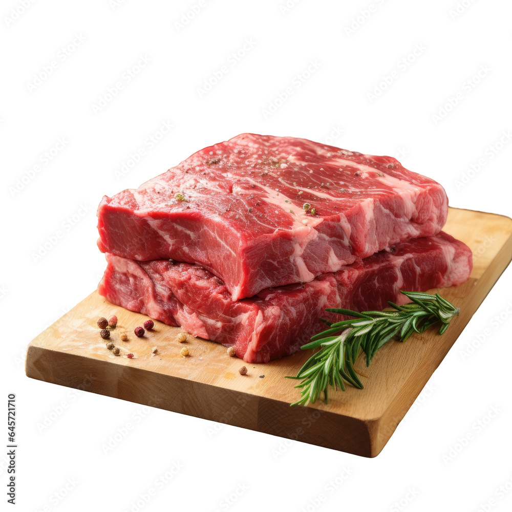 Slice of raw beef on a wooden board transparent background