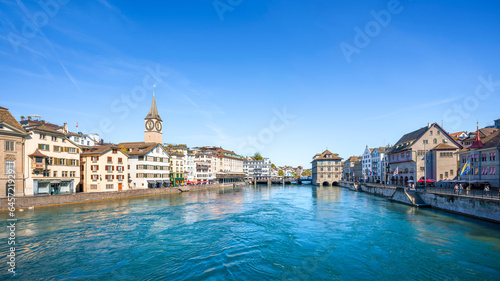 view along the limmat river in zurich, switzerland