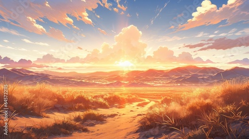 A serene desert landscape with towering sand dunes and a breathtaking sunset in the background manga cartoon style