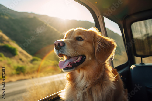 Generative AI picture of a beautiful dog riding in a car with head out of the window having fun