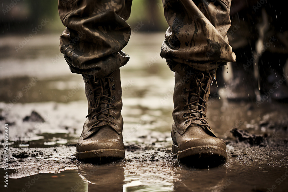 Close up photo of military legs on the battlefield ground made with generative AI Close up photo of military legs on the battlefield ground made with generative AI