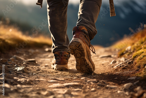 Image generative AI close up photo shoes of a tourist walking in the mountains