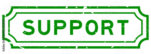 Grunge green support word rubber seal stamp on white background