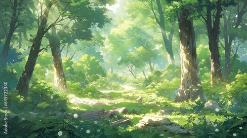 A serene forest with towering trees, sunlight filtering through the leaves, and a soft carpet of moss manga cartoon style