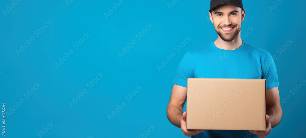 Young courier, the delivery man, holds an empty cardboard box isolated on blue background Young courier, the delivery man, holds an empty cardboard box isolated on blue background