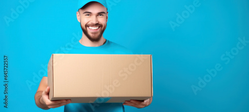 Young courier, the delivery man, holds an empty cardboard box isolated on blue background