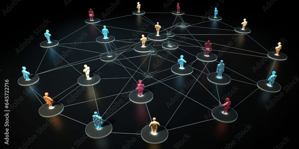 Conceptual image of social network users and connections or contacts between them. Generative AI
