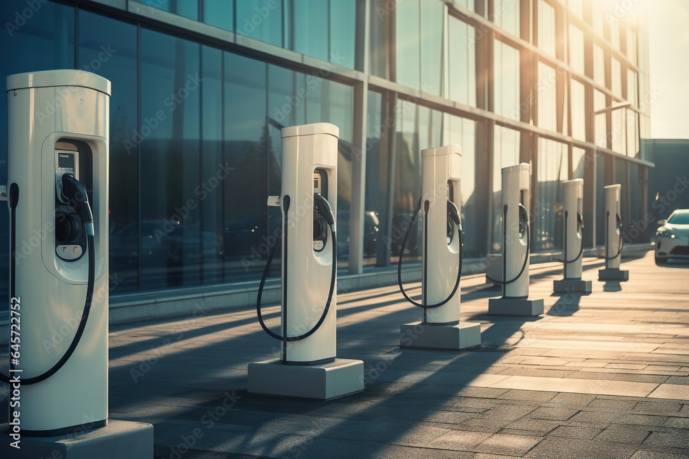 Modern electric car loading station, electric vehicle chargers for charging, EV charging point, electric car charger. Generative AI Modern electric car loading station, electric vehicle chargers for charging, EV charging point, electric car charger. Generative AI
