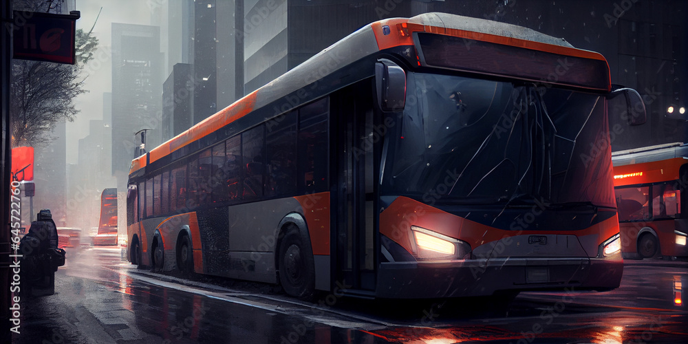 A large municipal bus rides along the street of the evening modern city, close-up. Generative AI