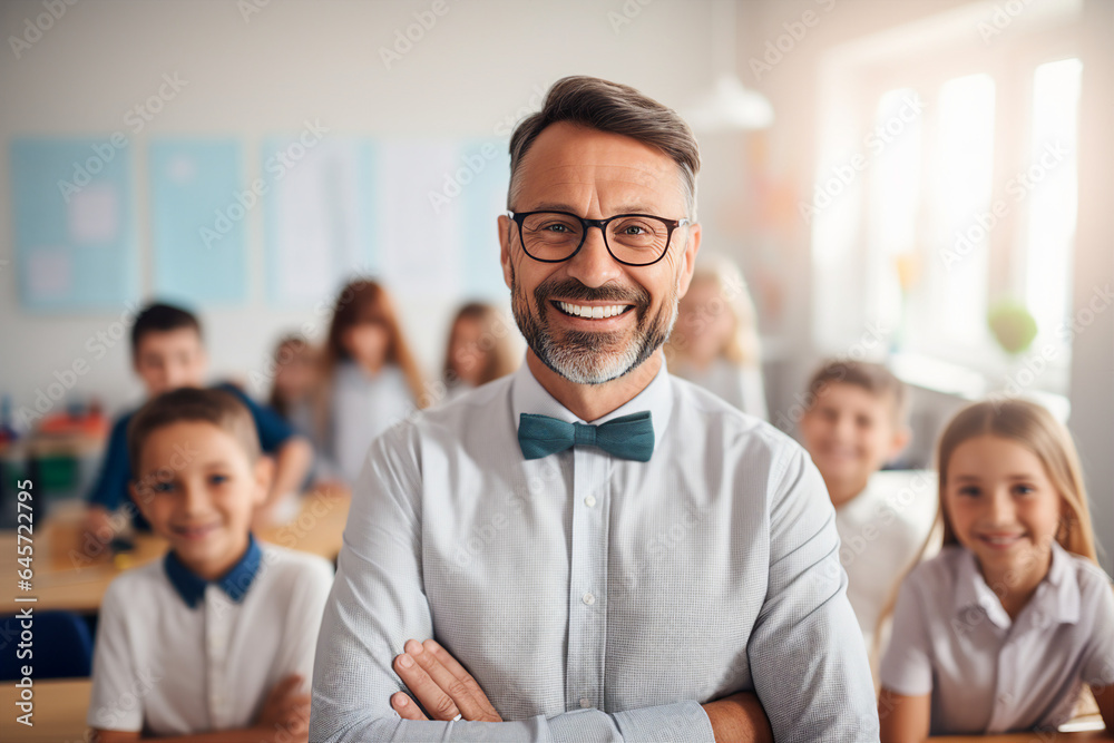 Generative AI portrait of confident male teacher looking at camera schoolkids on background in class room at the elementary school Generative AI portrait of confident male teacher looking at camera schoolkids on background in class room at the elementary school