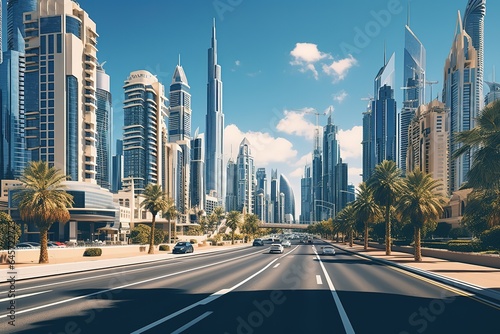 Dubai downtown skyline day to night timelapse with tallest building and Sheikh Zayed road traffic, UAE photo