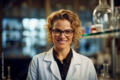 Photography of happy beautiful professional biology teacher in lab coat set against a blurred laboratory background generative AI