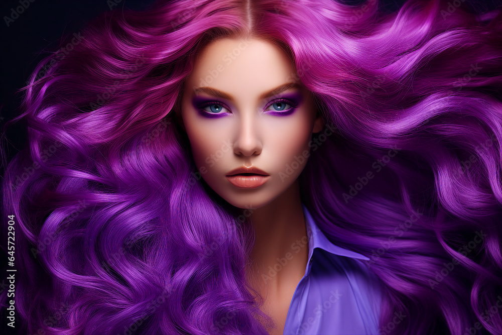 Generative AI portrait of natural beauty woman model showing flattering bright violet dyed hairstyle Generative AI portrait of natural beauty woman model showing flattering bright violet dyed hairstyle