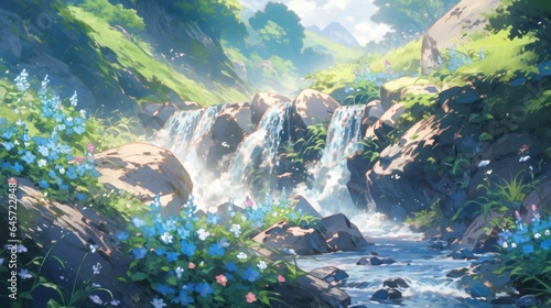 A serene waterfall cascading down lush green mountains  with vibrant flowers blooming nearby manga cartoon style