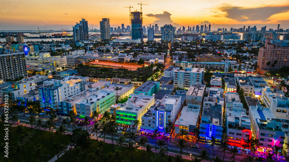 Obraz premium aerial drone above Miami South Beach Florida illuminated at night