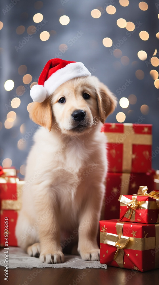 Happy gold retriver puppy with santa hat and christmas gift boxes at the bokeh background