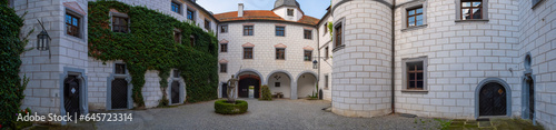 Panorama of the inner courtyard of the moated castle in Mitwitz/Germany in Upper Franconia, located between Kronach and Coburg