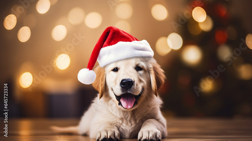 Cute Gold Retriver puppy with santa hat and christmas gift boxes at the bokeh background