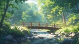 A tranquil river winding through a dense forest, with a wooden bridge crossing it manga cartoon style