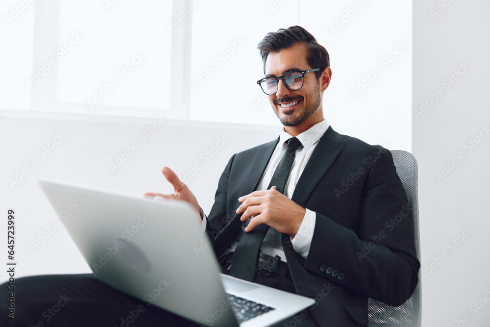Man office success guy job happy businessman winner looking chair laptop technology business Man office success guy job happy businessman winner looking chair laptop technology business